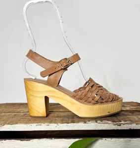 Retro Huarache Wooden Clogs | Size 7 | Band Of The Free Magnolia Leather Sandals - Imagen 1 de 10