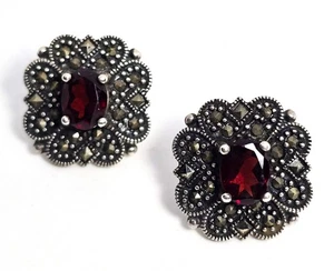 Red Garnet and Marcasite Art Deco style sterling silver post vintage earrings - Picture 1 of 7