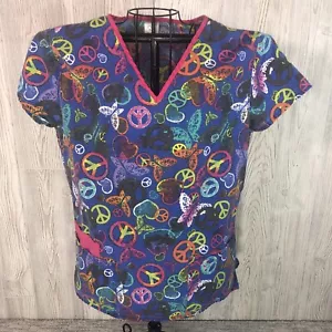 B Scrubs V Neck Shirt Size Large Colorful Peace Love Butterflies Cotton/Poly - Picture 1 of 10