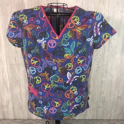 B Scrubs V Neck Shirt Size Large Colorful Peace Love Butterflies Cotton/Poly - Image 1 of 4