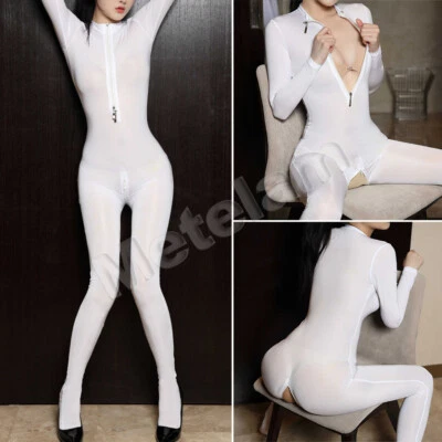 Mono lencería bidireccional con cremallera con pies transparente brillante manga larga body traje de gato Foto 1 de 4