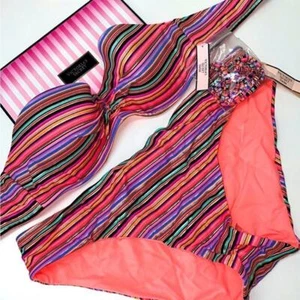 Vibrant Striped Bikini Set VICTORIA SECRET swimsuit top 34C bottom-medium New #1 - Picture 1 of 7