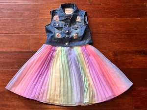 Rare Editions Blue Denim Vest Rainbow Girls 5 Unicorn Flared Chiffon Skirt Dress - Picture 1 of 9