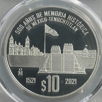 2021-Mo MEXICO SILVER 10 PESO COIN FALL OF TENOCHTITLAN 500th ANN. PCGS PR70DCAM - Image 1 of 4