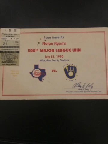 Nolan Ryan's 300th Win Ticket Stub and (I was there certificate) Cover