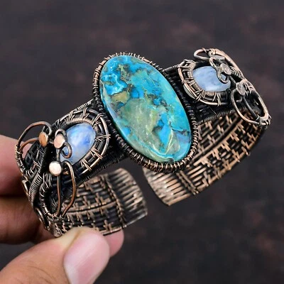 Медный браслет из проволоки с радужным лунным камнем хризоколлой Memorial Day Deal - Изображение 1 из 4