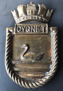 Original HMS Cygnet Royal Brass Ship Boat Badge Shield Plaque Vintage Shield - Picture 1 of 7
