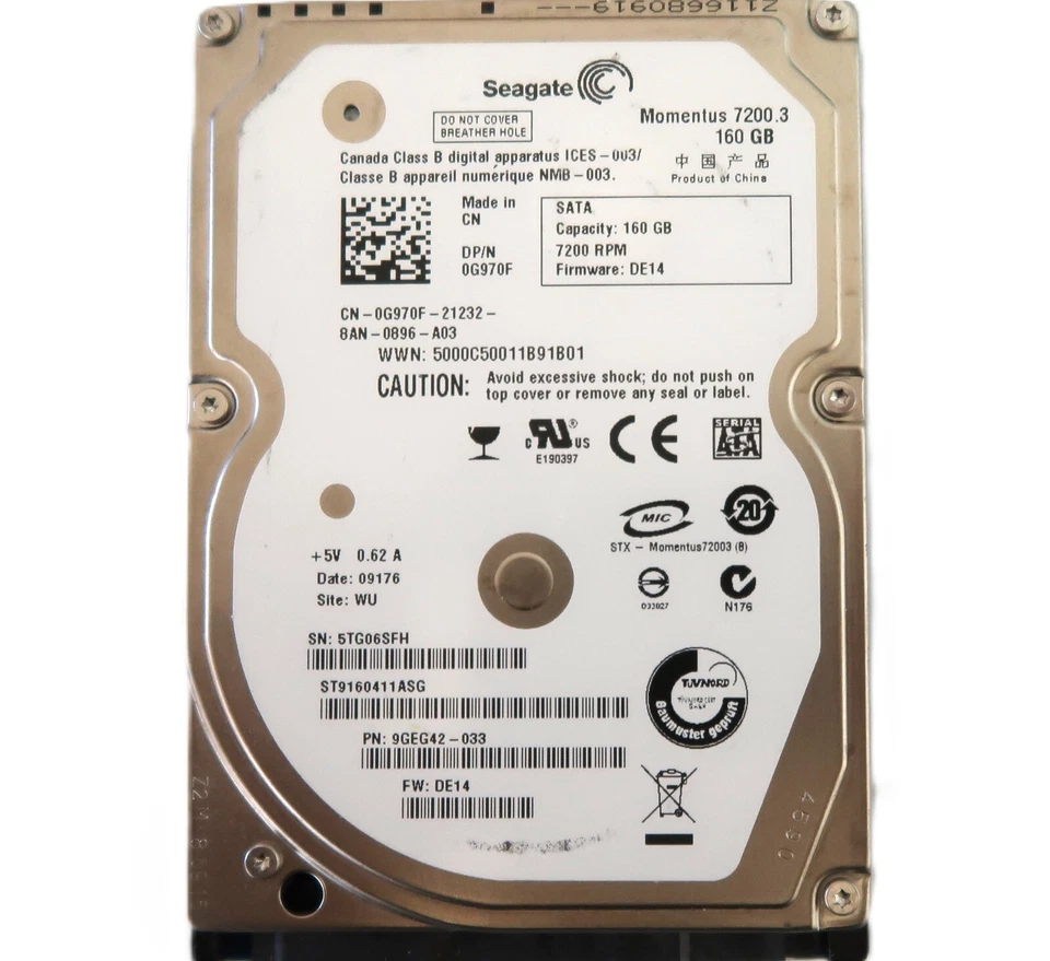 Seagate ST9160411ASG 9GEG42-033 DE14 (5TG) WU China 160gb 2.5" Sata 10/2008 - Image 1 of 1