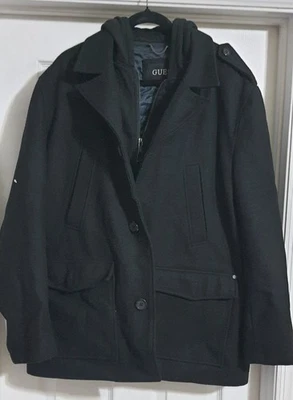 Guess Heavy Hooded Zip & Button Mens Coat Jacket Size XL - Black  - Image 1 of 4