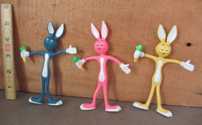 3 Vintage Bendable Bendy Wire Rubber Rabbit Yellow Pink Blue Bunny Carrot Toy B - Image 1 of 4
