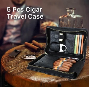 Echtes Leder Zigarrenaufbewahrungskoffer Box 5 Zigarrenschneider Feuerzeugtasche - Bild 1 von 11