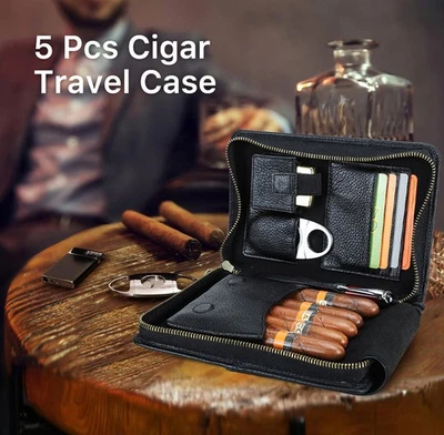 Echtes Leder Zigarrenaufbewahrungskoffer Box 5 Zigarrenschneider Feuerzeugtasche - Bild 1 von 4