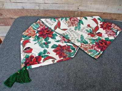 Fabric Table Runner Red Poinsettias Holly Bows 69" x 15" - Image 1 of 3