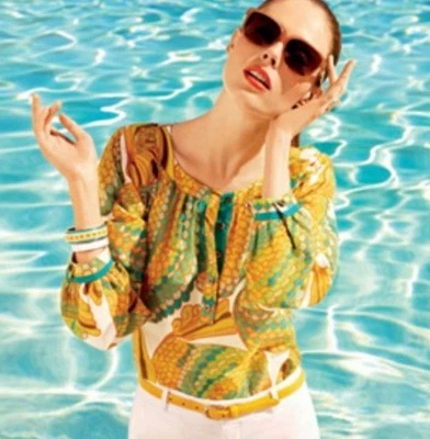 Blusa BANANA REPUBLIC TRINA TURK Top Talla 2 Estampado Tropical Seda Manga 3/4 -O1 Foto 1 de 4