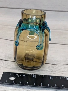 Czech Bohemian Harrach Vase Blue Rigaree And Amber Glass - Picture 1 of 6