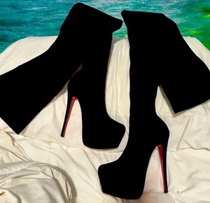 CHRISTIAN LOUBOUTIN MONICARINA BLACK LEATHER SUEDE THIGH HIGH PLATFORM BOOTS 37 - Picture 1 of 3