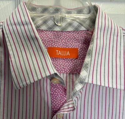 Tallia Mens 17 Shirt Long Sleeve   Pink Gray White Stripes Button Up Cotton - Image 1 of 4