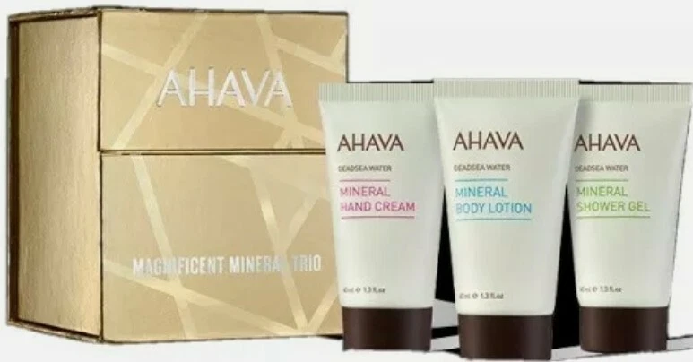 AHAVA Magnífico Trío Mineral Crema de Manos Loción Corporal Gel de Ducha Vegano En Caja Foto 1 de 3