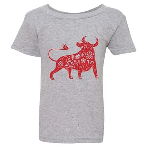 Chinese Zodiac New Year OX Bull Cow Grey T-Shirt Tee Top Baby Kids Boy Girl - Picture 1 of 3