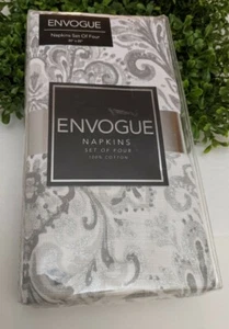 Envouge Fabric Napkins White Gray Medallion Silver Metallic Accents Set of 4 - Picture 1 of 3