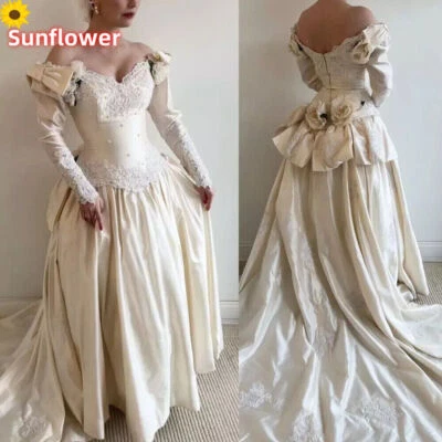 Vintage Satin Wedding Dresses Off Shoulder Ruffles Tulle Princess Bridal Gowns - Image 1 of 4