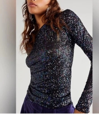 Free People Intimately Grande Negro Combo Gold Rush Manga Larga Lentejuelas Top Fiesta Foto 1 de 4