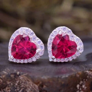 5.00ct Heart Cut Natural Ruby & Diamond Stud Earring 14K Solid White Gold - Picture 1 of 11