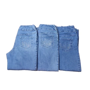 BLAIR Jeans Womens 16P Light Wash Flat Front Straight Stretch Lot 3 Rhinestone - Picture 1 of 11