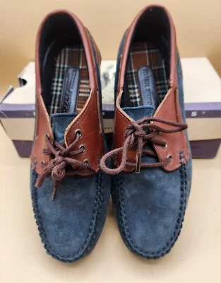 Hush Puppies Boys SIZE 7W Blue Brown Leather Boat Shoes Loafers 53781, BRAND NEW - Image 1 of 4