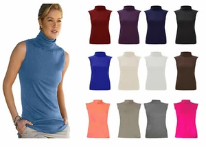 Women Sleeveless Turtle Polo Neck Ladies High Neck Bodycon Top Jumper - Picture 1 of 24