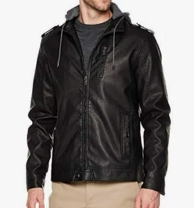 Trimthread Kunstleder SCHWARZ Sherpa-gefütterte BIKERJACKE mit Sweatshirt Kapuze HERREN L - Bild 1 von 6