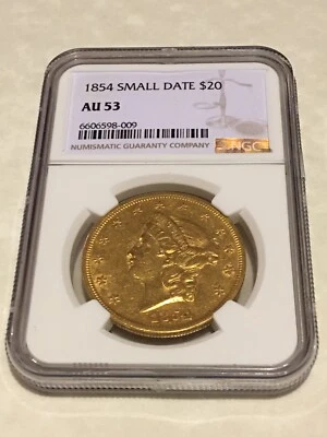 Moneda de oro de $20 Liberty Double Eagle 1854 AU53 NGC PQ muy bonito atractivo (sin graduación profesional) Foto 1 de 2