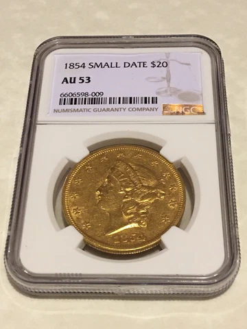 1854 AU53 NGC Liberty Double Eagle $20 Gold Coin PQ very nice appeal (no PCGS) Cover