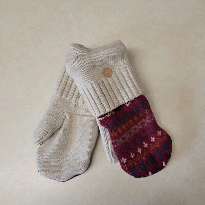 Tan and burgundy fleece lined upcycled sweater mittens size sm/med (416) - Image 1 of 4