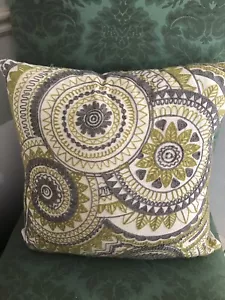 Crewel Green Gray Geometric Floral Leaf Embroidered Pillow 18x18 - Picture 1 of 9