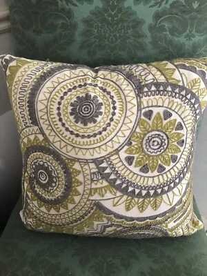 Crewel Green Gray Geometric Floral Leaf Embroidered Pillow 18x18 - Image 1 of 4