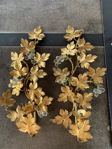 Vtg Gold Tone Leaf  Glass Grapes Candle Wall Sconce Cover