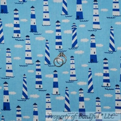 BonEful Fabric FQ Cotton Quilt Blue Black White B&W Cloud Lighthouse Stripe Flag - Image 1 of 4