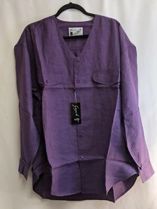 Goouch Herren LARGE lila Pflaume Knopf Langarm 100% Leinen V-Ausschnitt Hemd Vintage - Bild 1 von 8