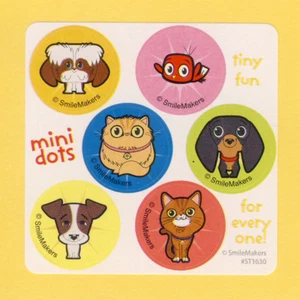 90 Playful Pets Mini Dot Stickers - Party Favors - Puppy Dog, Cat, Bird - Foto 1 di 1