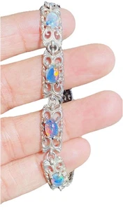 "Brazalete de eslabones de filigrana con panel de eslabones artísticos ópalo de fuego de plata esterlina vintage 7,75""" - Imagen 1 de 21
