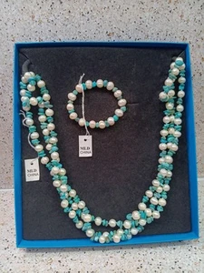 Women's Three Strand Pearl/Turquoise Necklace& Bracelet Set - Picture 1 of 3