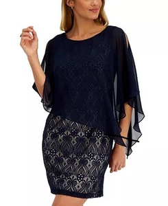 Connected Apparel Navy Blue Lace Overlay Cocktail Party Dress Size 14 NWT - Picture 1 of 13