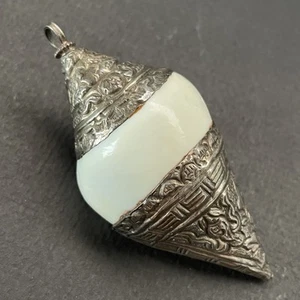 Tibetan Buddhist Silver Encased Naga Shell 3.25” Pendant Spiritual Calming VTG - Picture 1 of 4