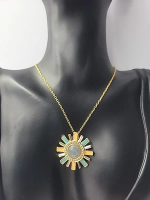 Vintage Gold Tone Sunburst Pendant Necklace Colorful Enamel Boho Statement Jewel - Image 1 of 4