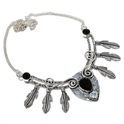 Nero Spinello Gemma Artigianale 925 Argento Sterling Gioielli Collana 45.7cm - Immagine 1 di 4