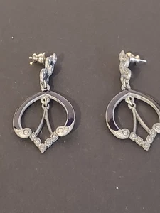 Vintage Enamel Dangle Earrings – Art Deco Teardrop Heart Shape – Silver Tone... - Picture 1 of 5