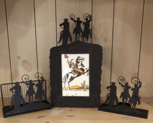 Western Cowboy Black Metal Art Frame Candle Holder Paper Holder Set UNIQUE  - Picture 1 of 11