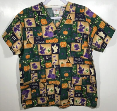 Halloween Scrub Top womens size S Small Ghost JackOLantern Cat Witch Pumpkin Bat - Image 1 of 4