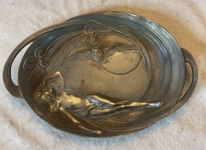 Fabulous Antique Art Nouveau Nude Woman Owl Moon Tray - Picture 1 of 9